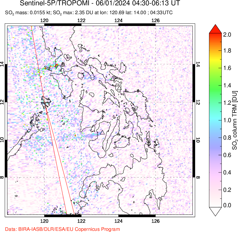 A sulfur dioxide image over Philippines on Jun 01, 2024.