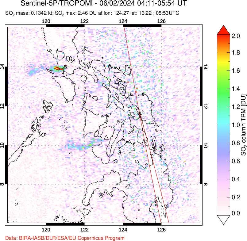 A sulfur dioxide image over Philippines on Jun 02, 2024.