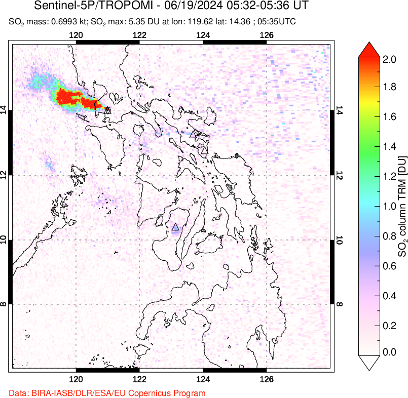 A sulfur dioxide image over Philippines on Jun 19, 2024.