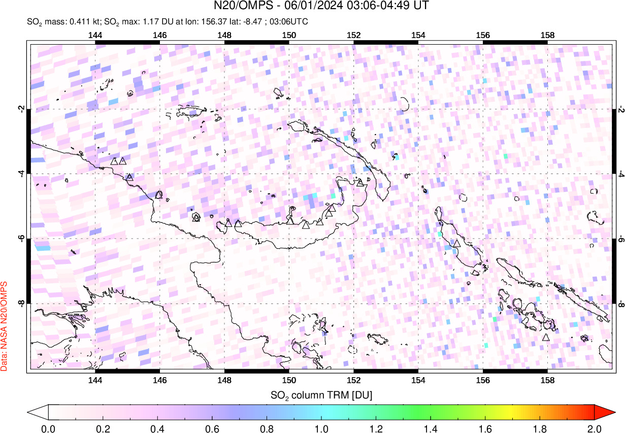 A sulfur dioxide image over Papua, New Guinea on Jun 01, 2024.