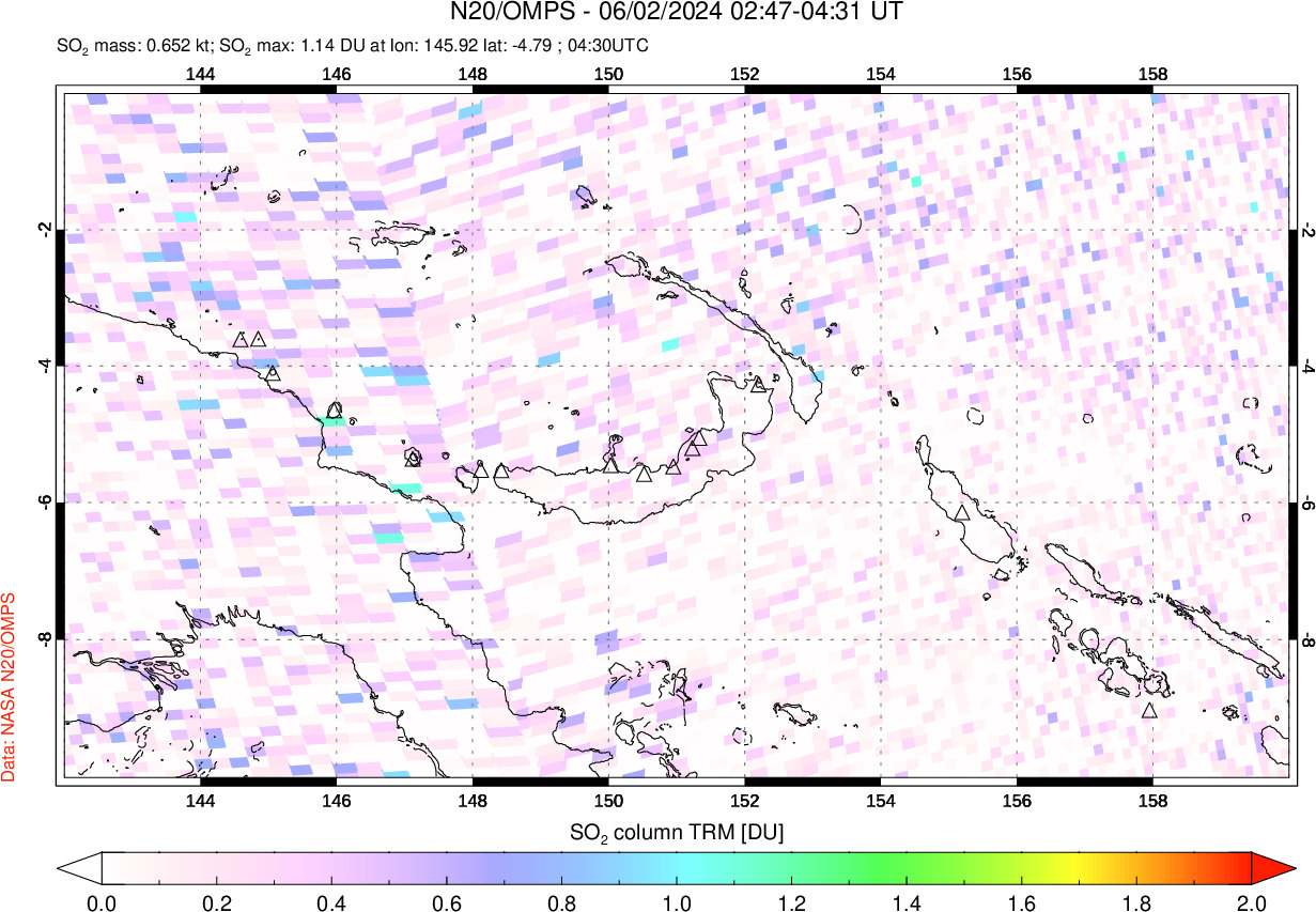 A sulfur dioxide image over Papua, New Guinea on Jun 02, 2024.