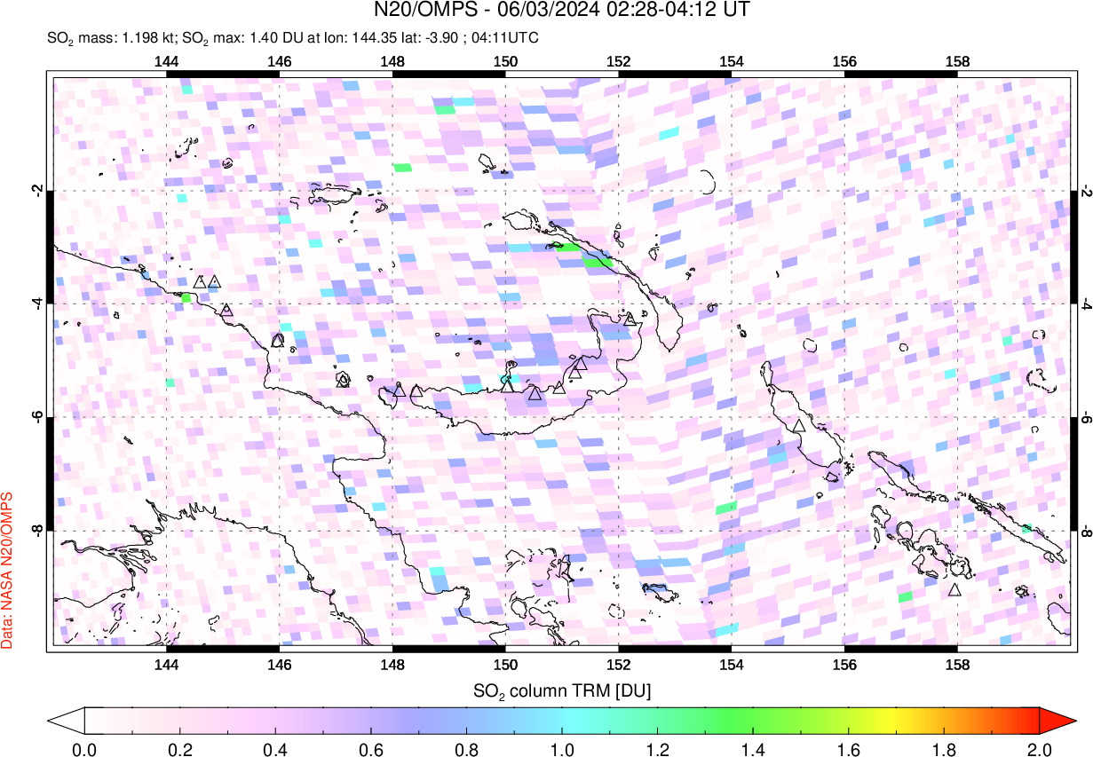 A sulfur dioxide image over Papua, New Guinea on Jun 03, 2024.