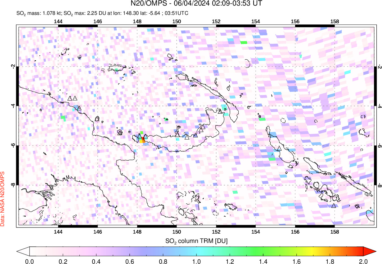 A sulfur dioxide image over Papua, New Guinea on Jun 04, 2024.