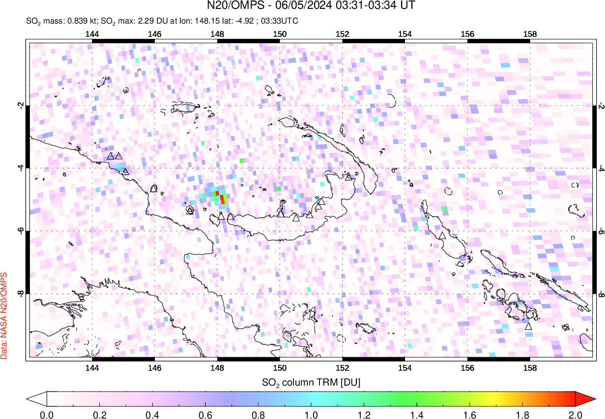 A sulfur dioxide image over Papua, New Guinea on Jun 05, 2024.