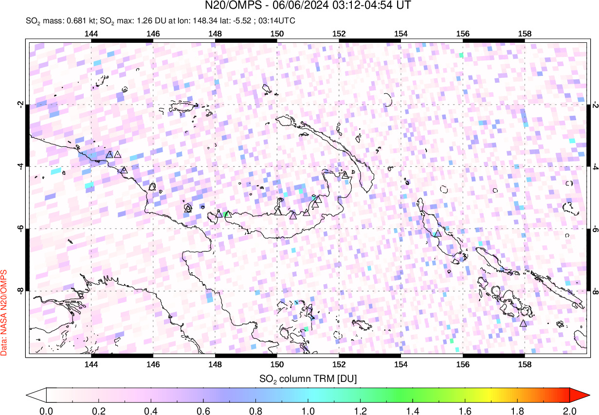 A sulfur dioxide image over Papua, New Guinea on Jun 06, 2024.