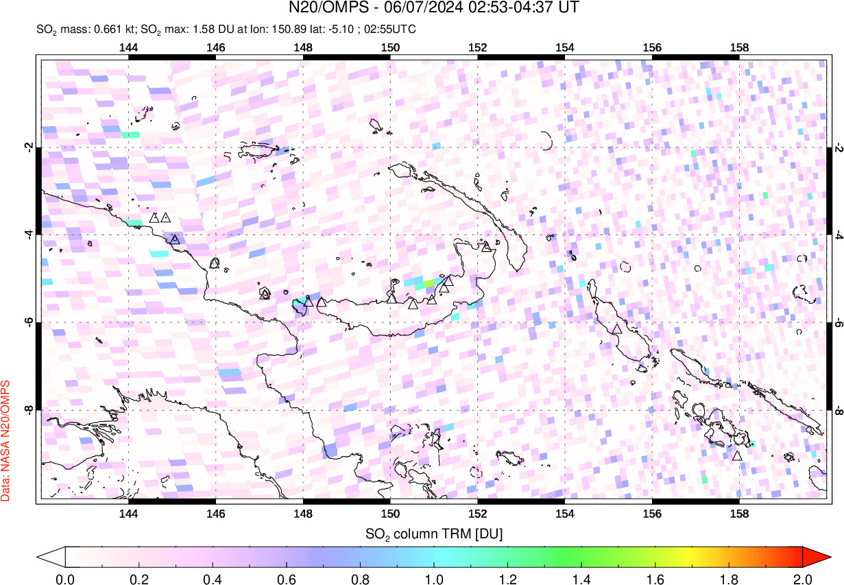 A sulfur dioxide image over Papua, New Guinea on Jun 07, 2024.