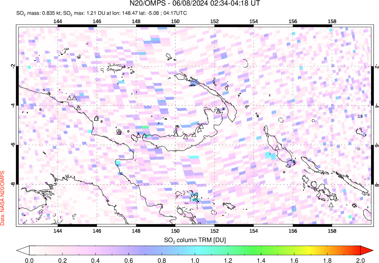 A sulfur dioxide image over Papua, New Guinea on Jun 08, 2024.