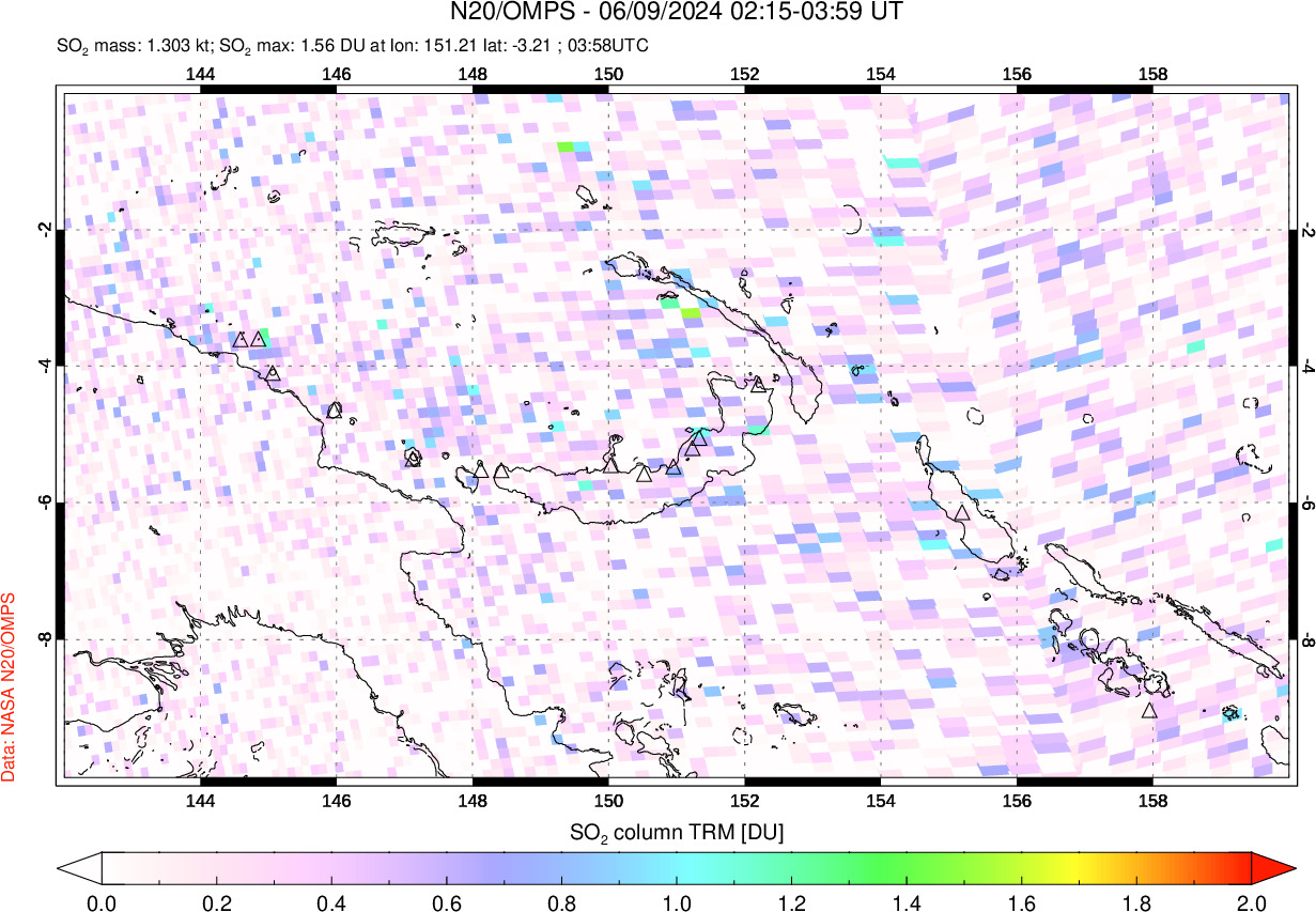 A sulfur dioxide image over Papua, New Guinea on Jun 09, 2024.