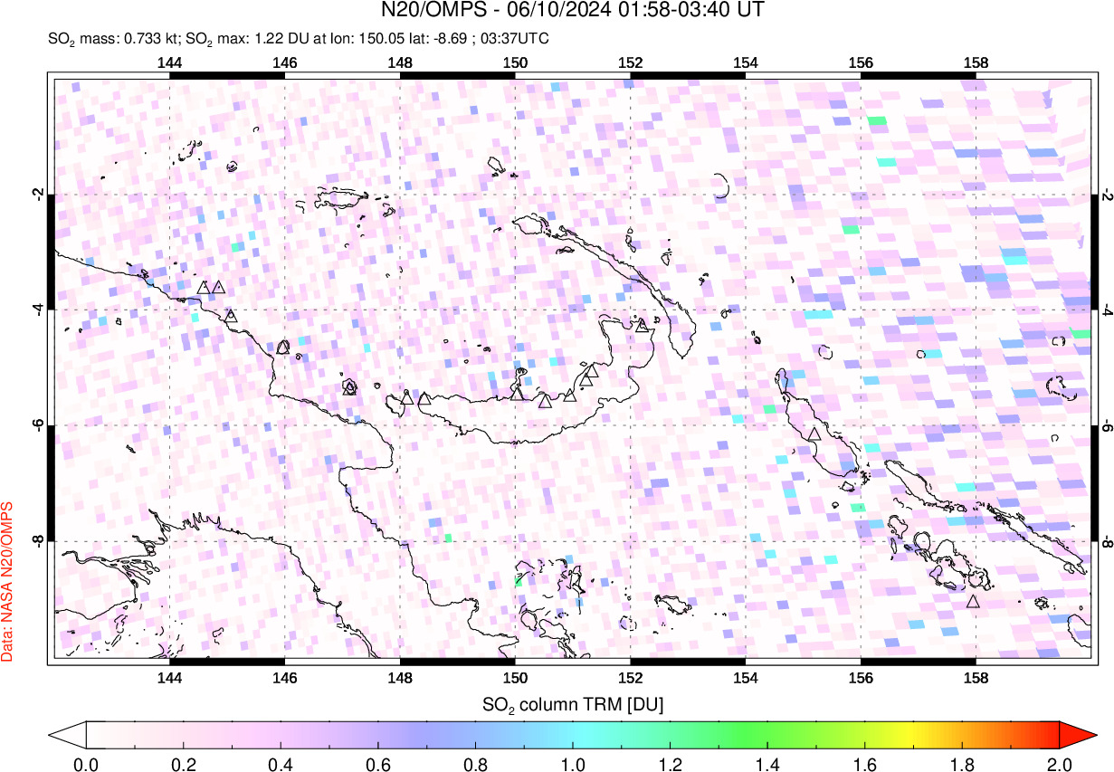 A sulfur dioxide image over Papua, New Guinea on Jun 10, 2024.