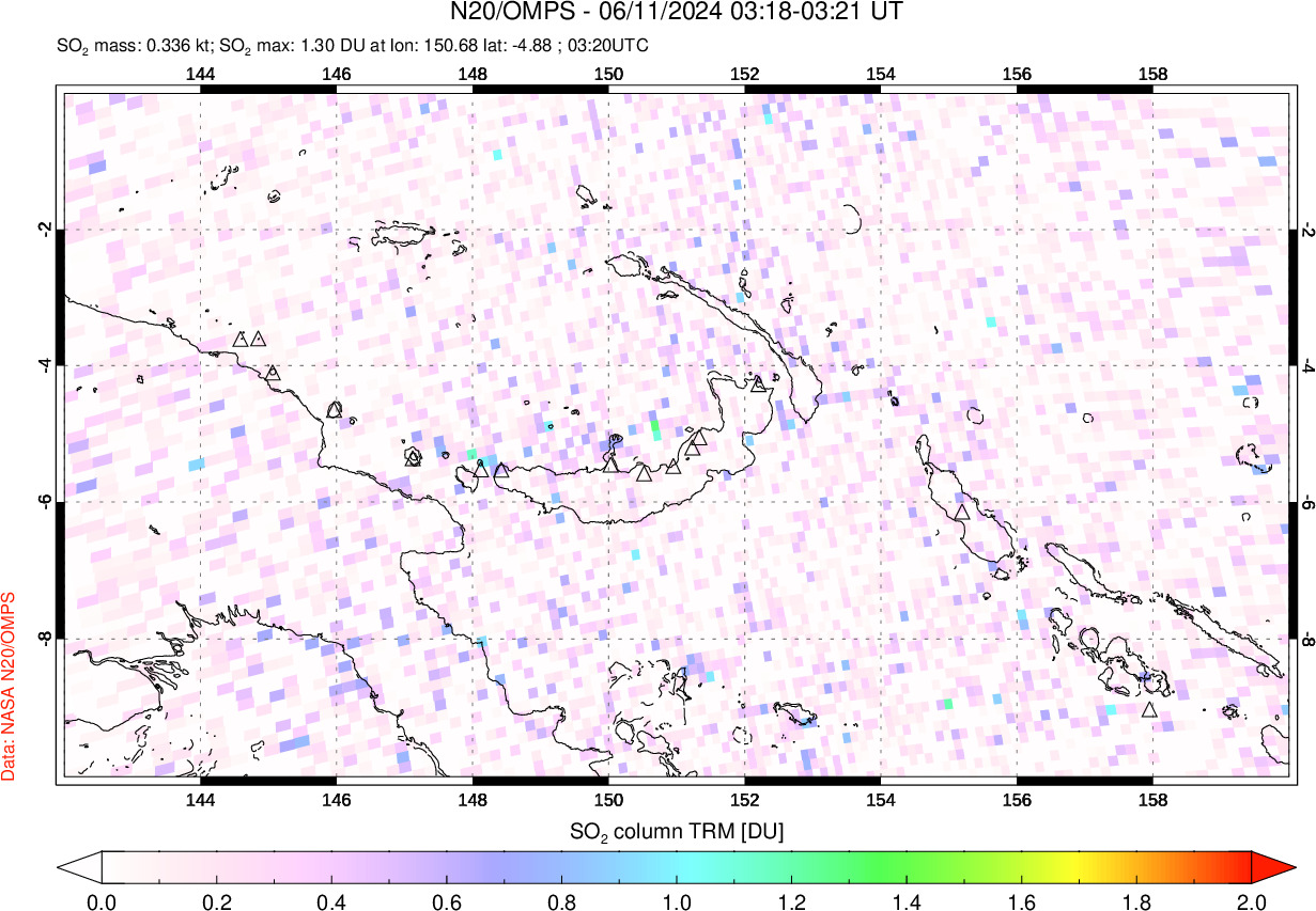 A sulfur dioxide image over Papua, New Guinea on Jun 11, 2024.