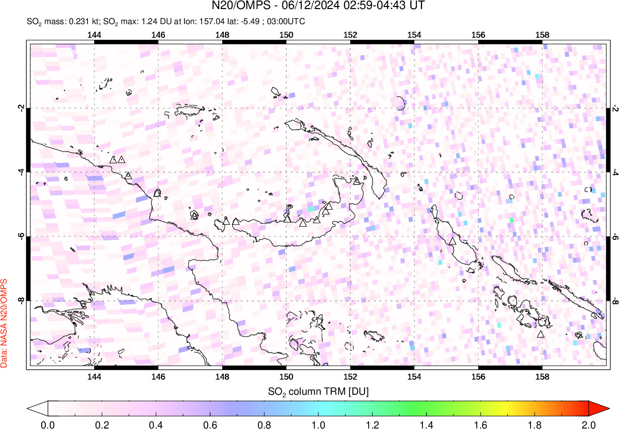 A sulfur dioxide image over Papua, New Guinea on Jun 12, 2024.