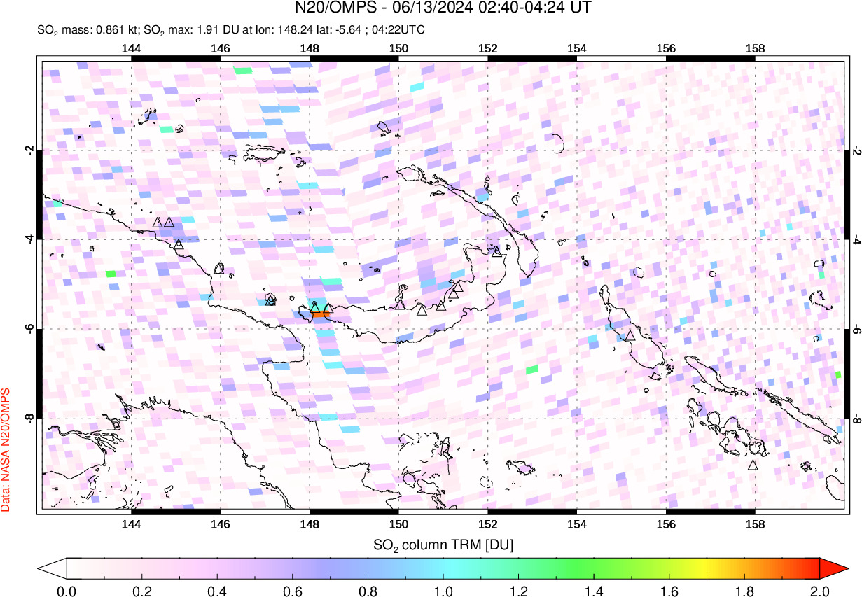 A sulfur dioxide image over Papua, New Guinea on Jun 13, 2024.