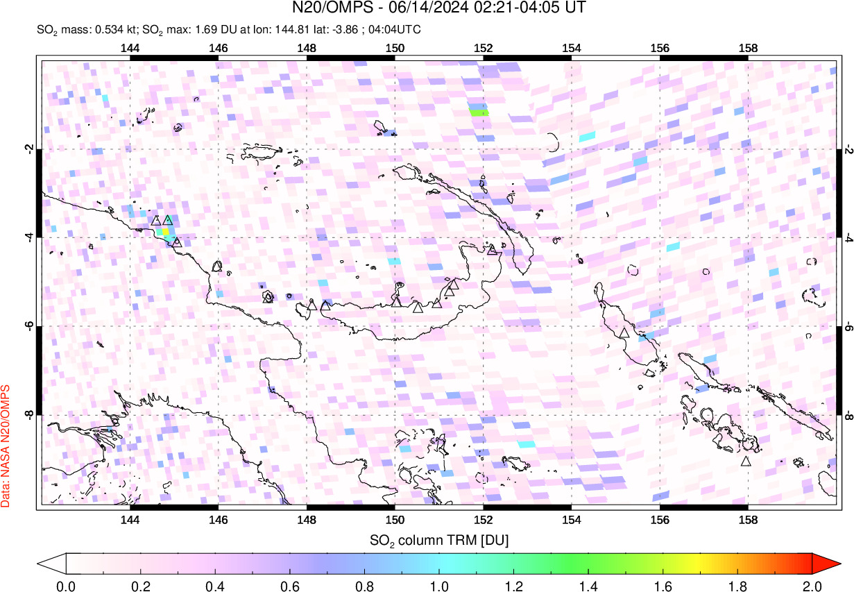 A sulfur dioxide image over Papua, New Guinea on Jun 14, 2024.