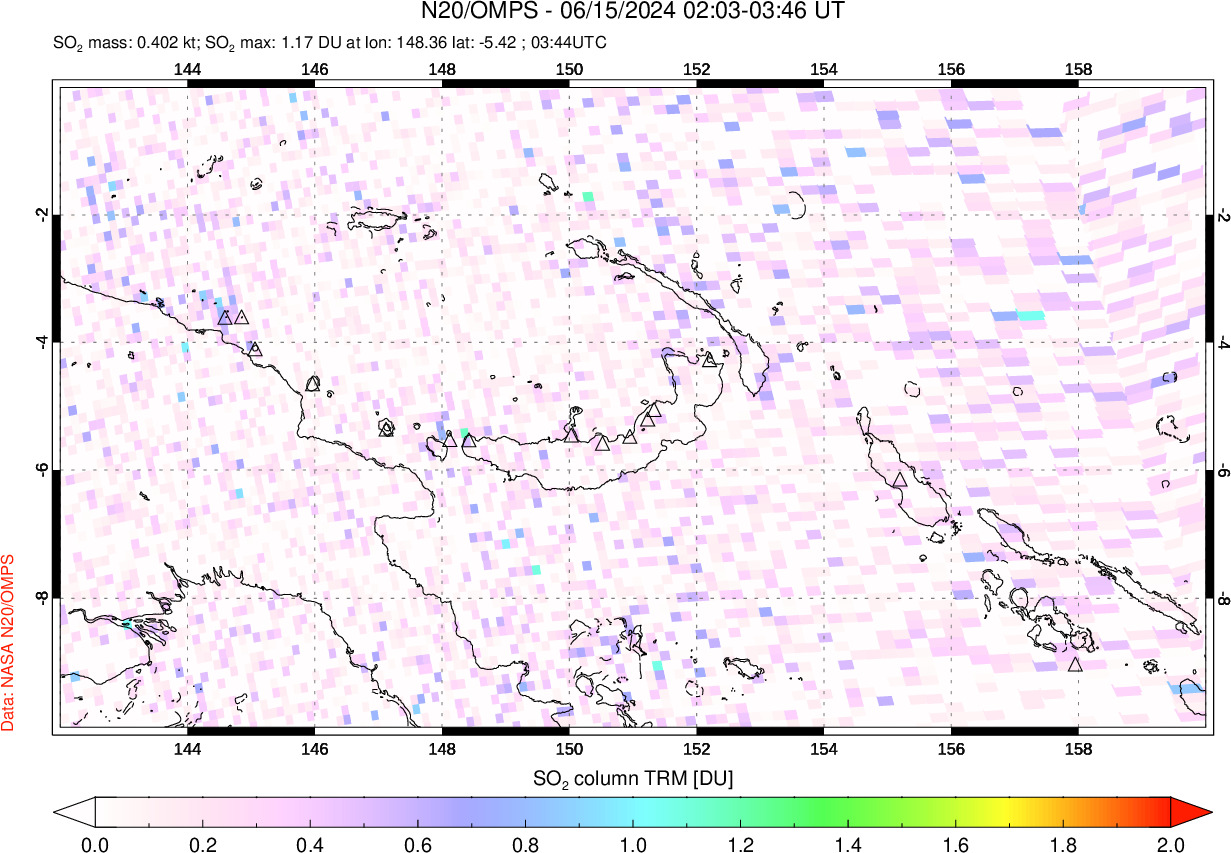 A sulfur dioxide image over Papua, New Guinea on Jun 15, 2024.