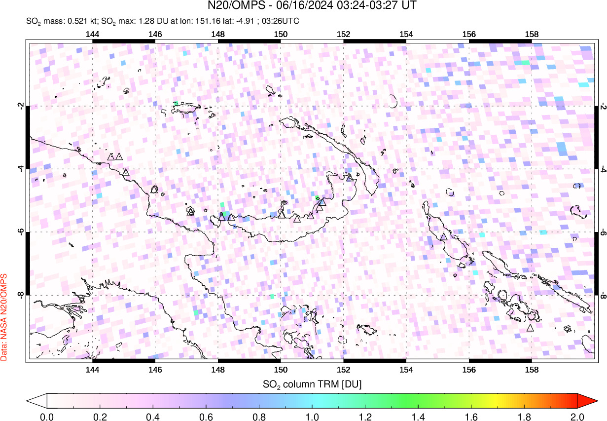 A sulfur dioxide image over Papua, New Guinea on Jun 16, 2024.