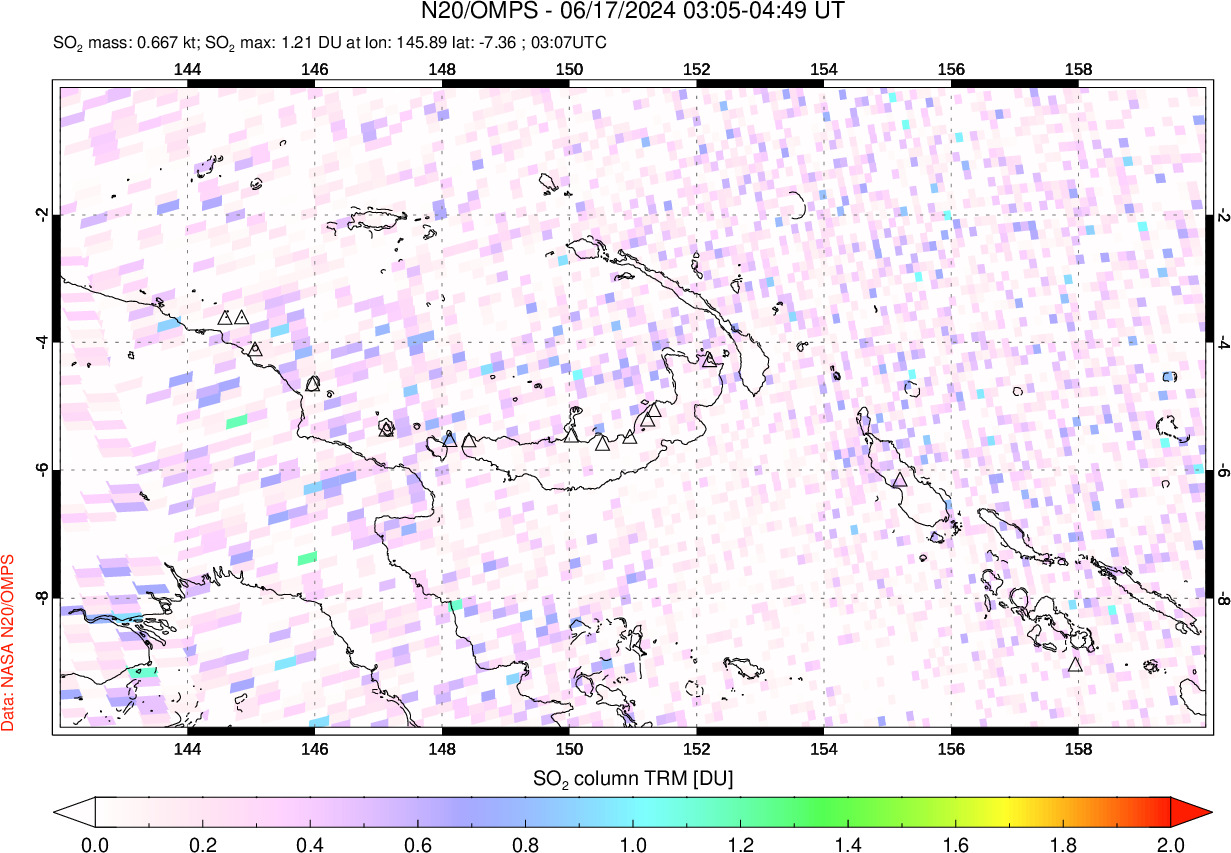 A sulfur dioxide image over Papua, New Guinea on Jun 17, 2024.