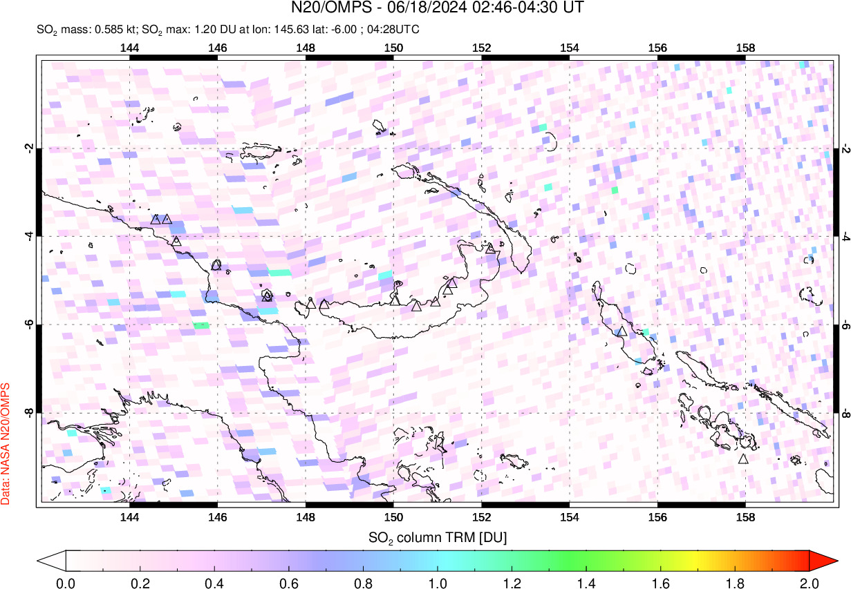 A sulfur dioxide image over Papua, New Guinea on Jun 18, 2024.