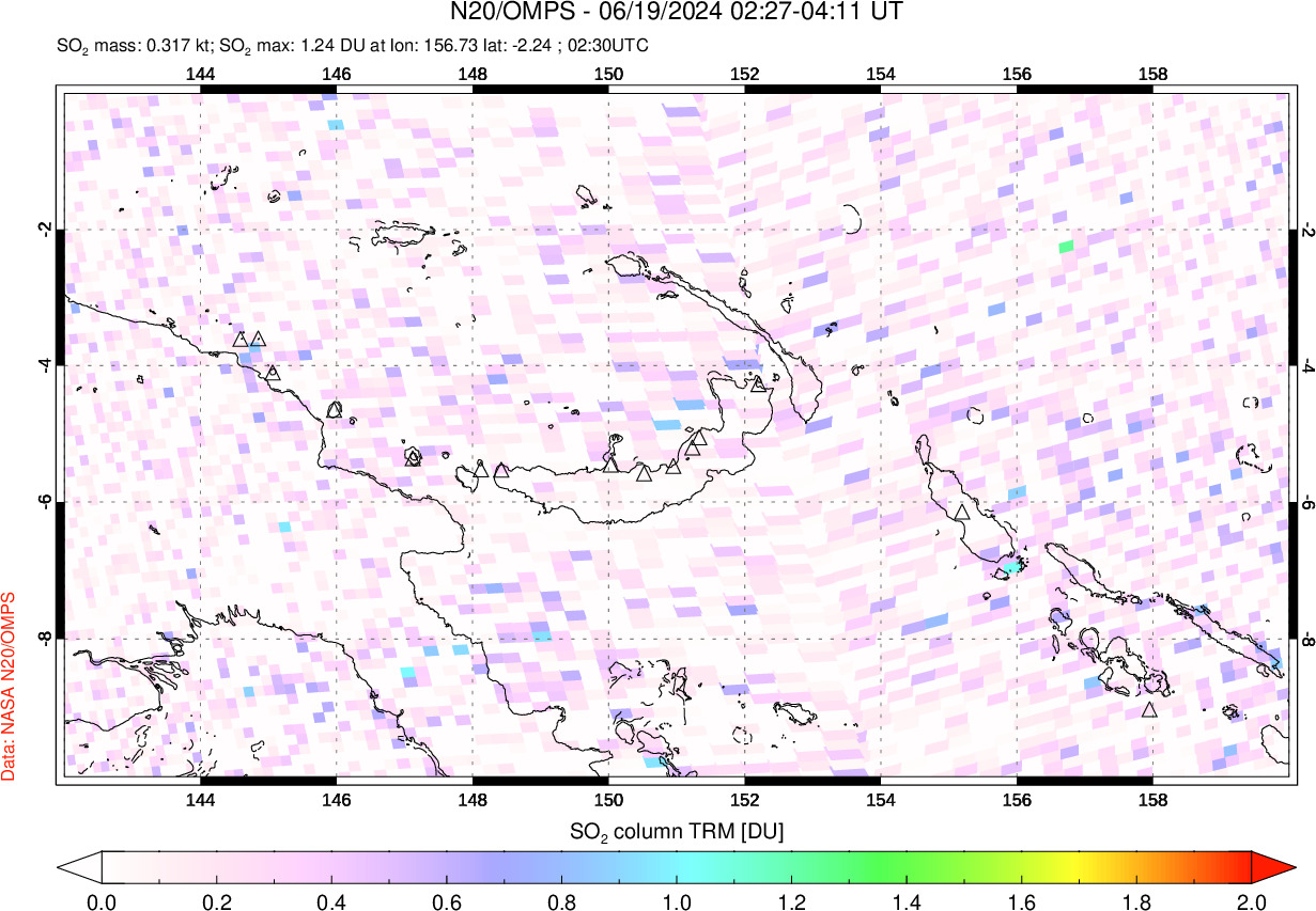 A sulfur dioxide image over Papua, New Guinea on Jun 19, 2024.