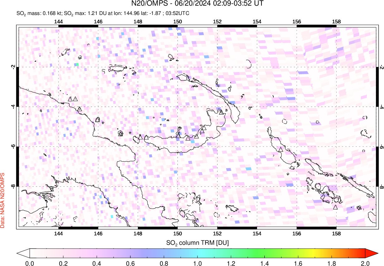 A sulfur dioxide image over Papua, New Guinea on Jun 20, 2024.