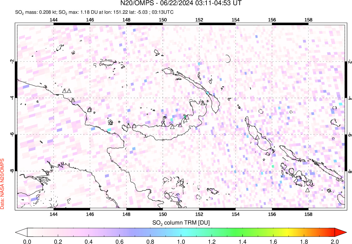 A sulfur dioxide image over Papua, New Guinea on Jun 22, 2024.