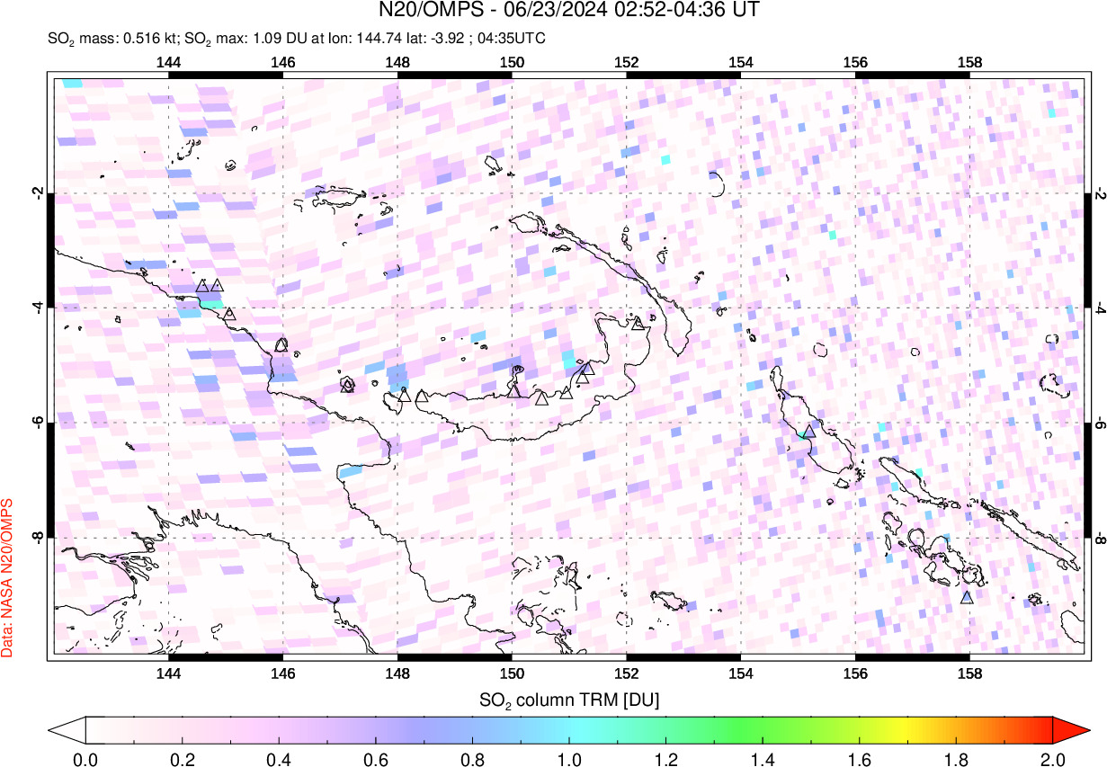 A sulfur dioxide image over Papua, New Guinea on Jun 23, 2024.