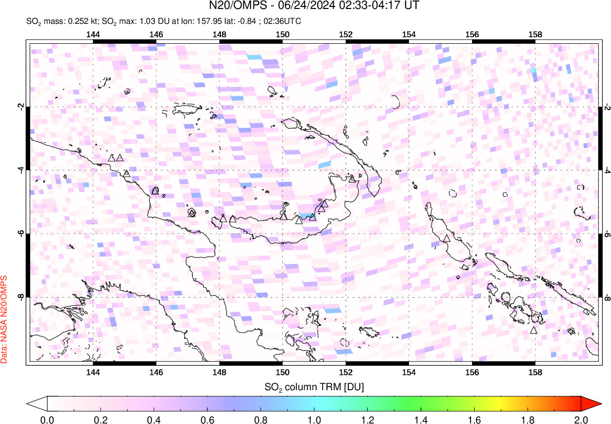 A sulfur dioxide image over Papua, New Guinea on Jun 24, 2024.