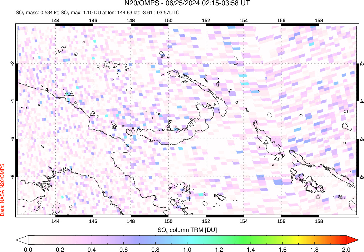 A sulfur dioxide image over Papua, New Guinea on Jun 25, 2024.