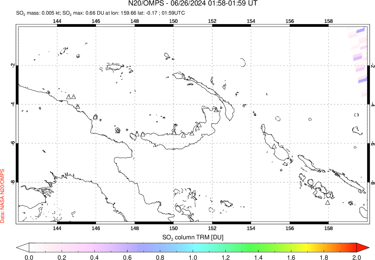 A sulfur dioxide image over Papua, New Guinea on Jun 26, 2024.