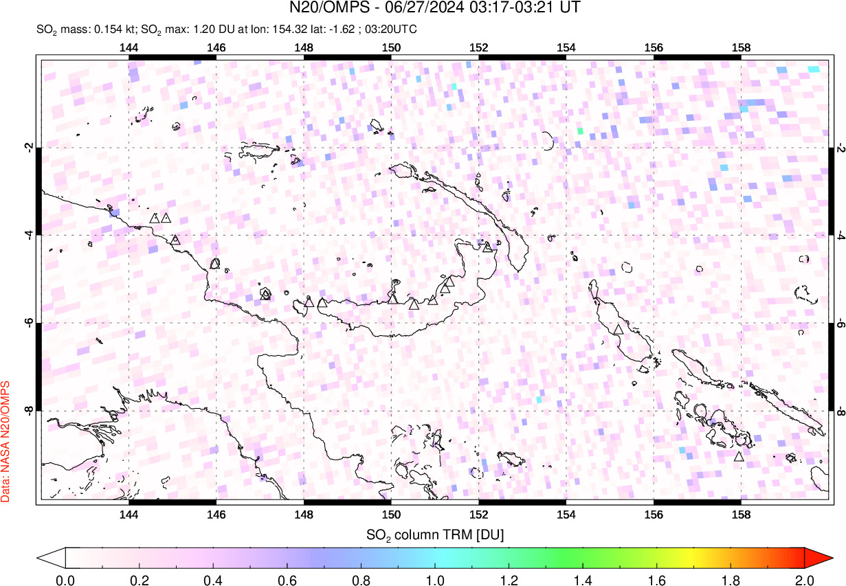 A sulfur dioxide image over Papua, New Guinea on Jun 27, 2024.