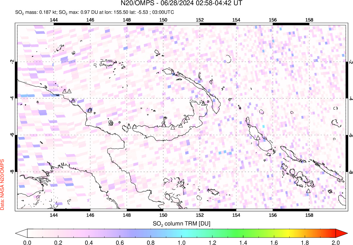 A sulfur dioxide image over Papua, New Guinea on Jun 28, 2024.