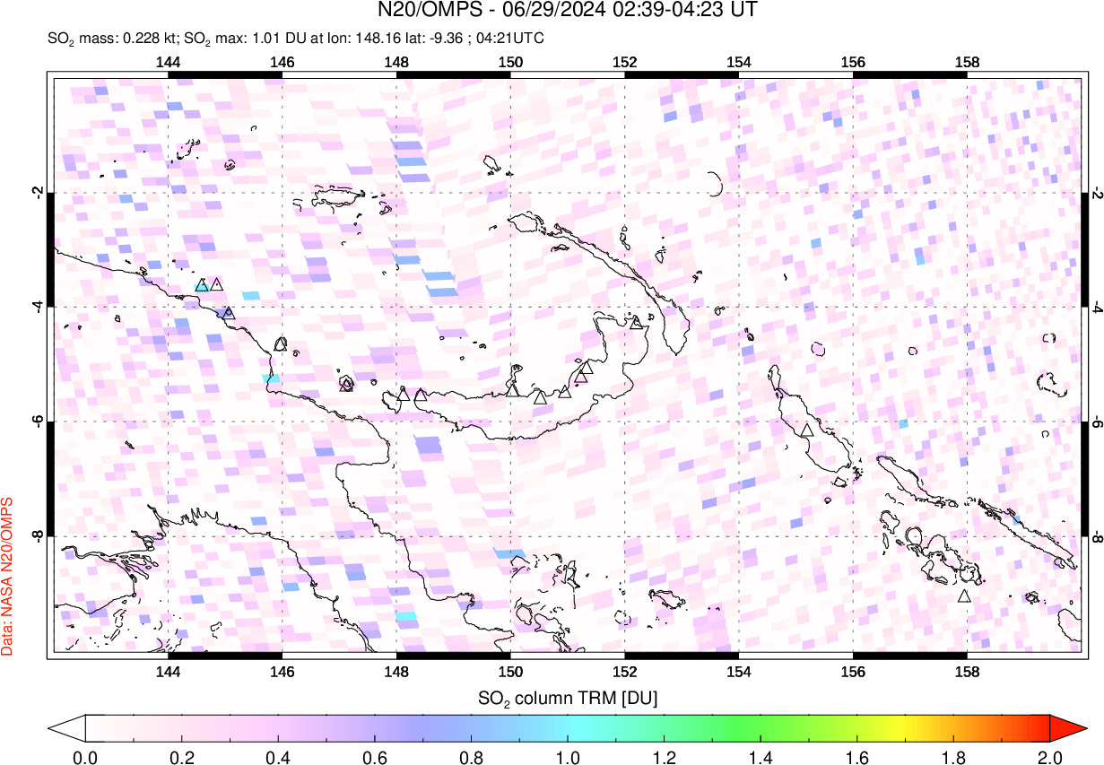 A sulfur dioxide image over Papua, New Guinea on Jun 29, 2024.