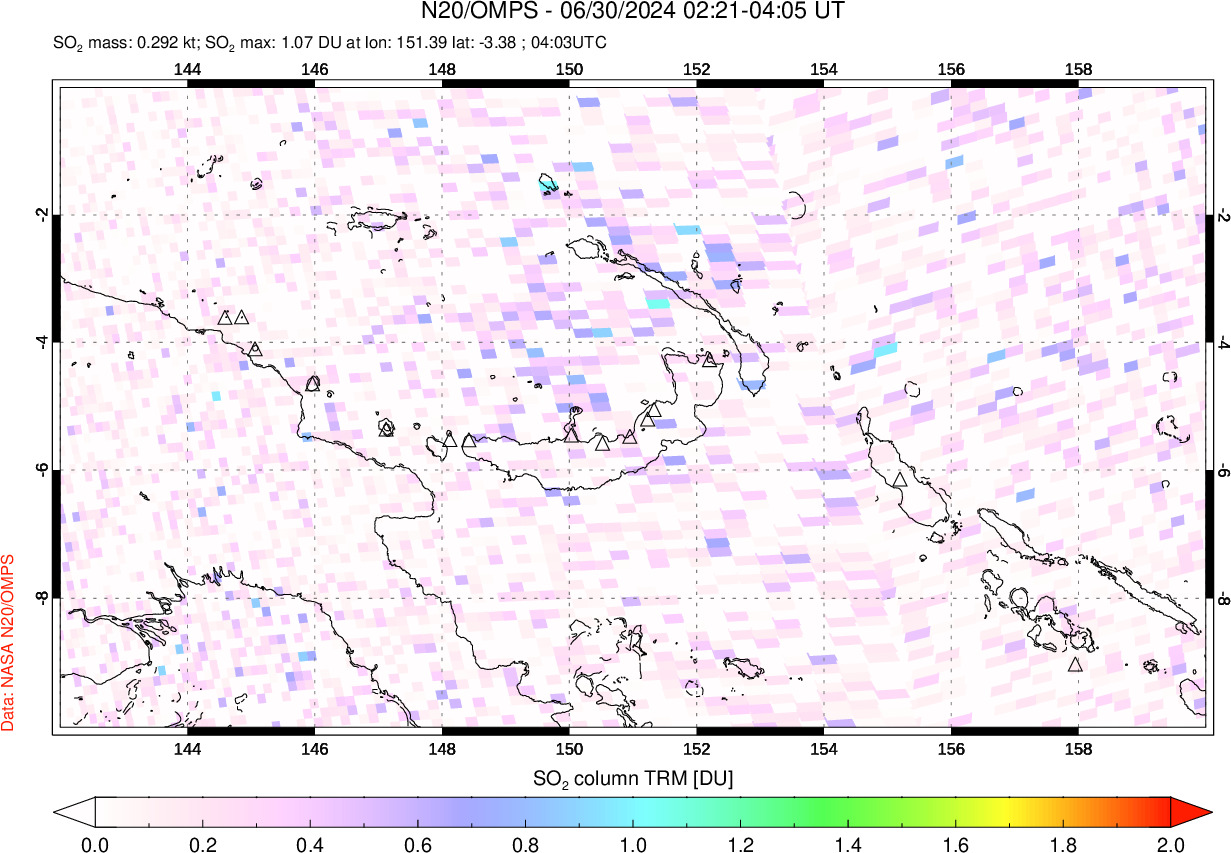 A sulfur dioxide image over Papua, New Guinea on Jun 30, 2024.