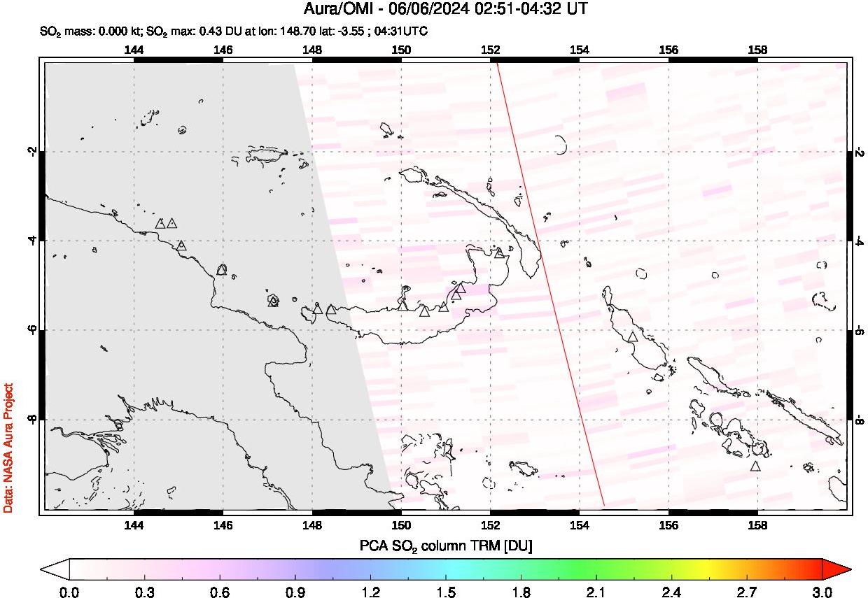 A sulfur dioxide image over Papua, New Guinea on Jun 06, 2024.