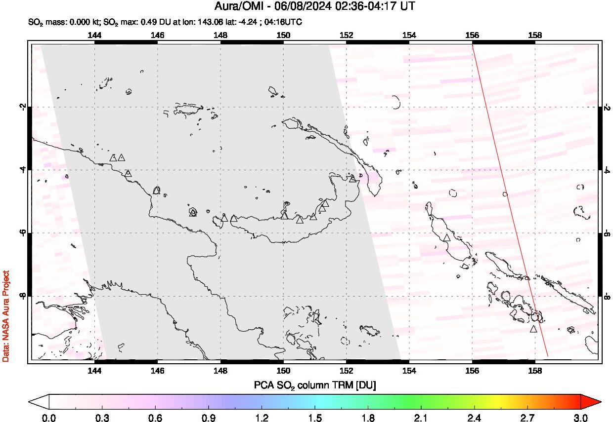 A sulfur dioxide image over Papua, New Guinea on Jun 08, 2024.