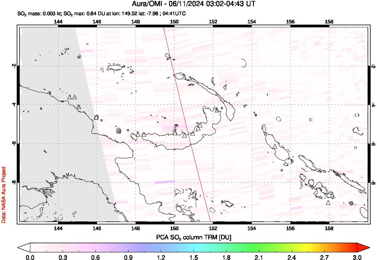 A sulfur dioxide image over Papua, New Guinea on Jun 11, 2024.