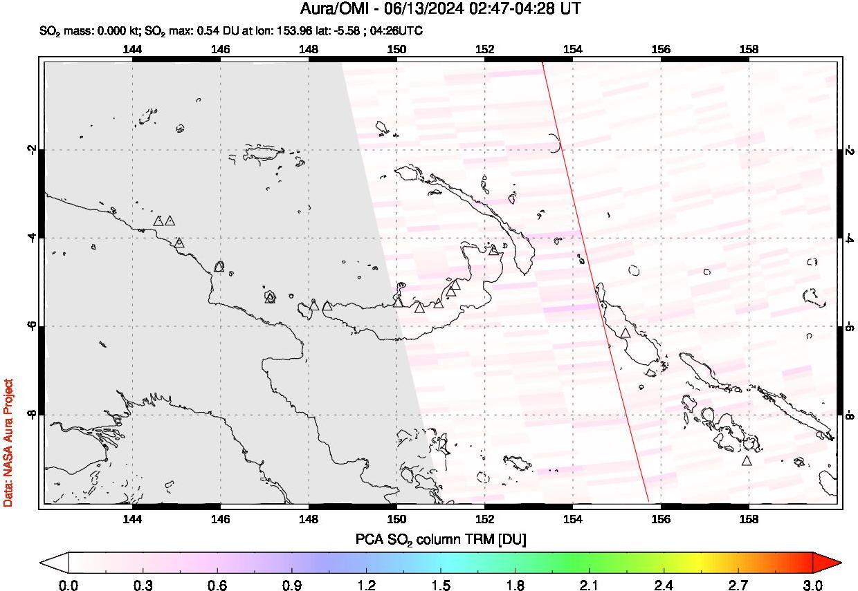 A sulfur dioxide image over Papua, New Guinea on Jun 13, 2024.