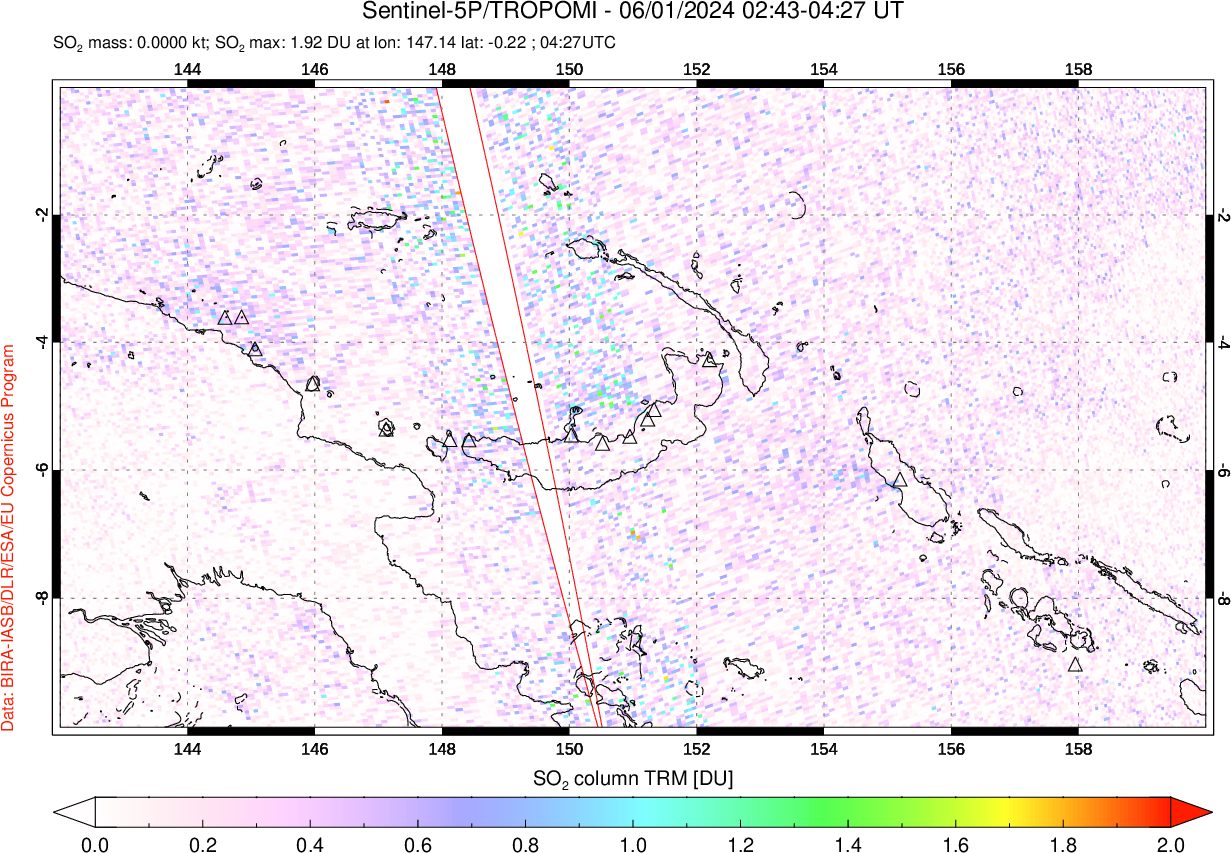 A sulfur dioxide image over Papua, New Guinea on Jun 01, 2024.