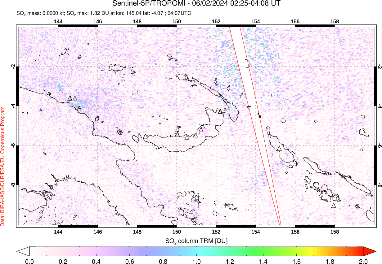 A sulfur dioxide image over Papua, New Guinea on Jun 02, 2024.