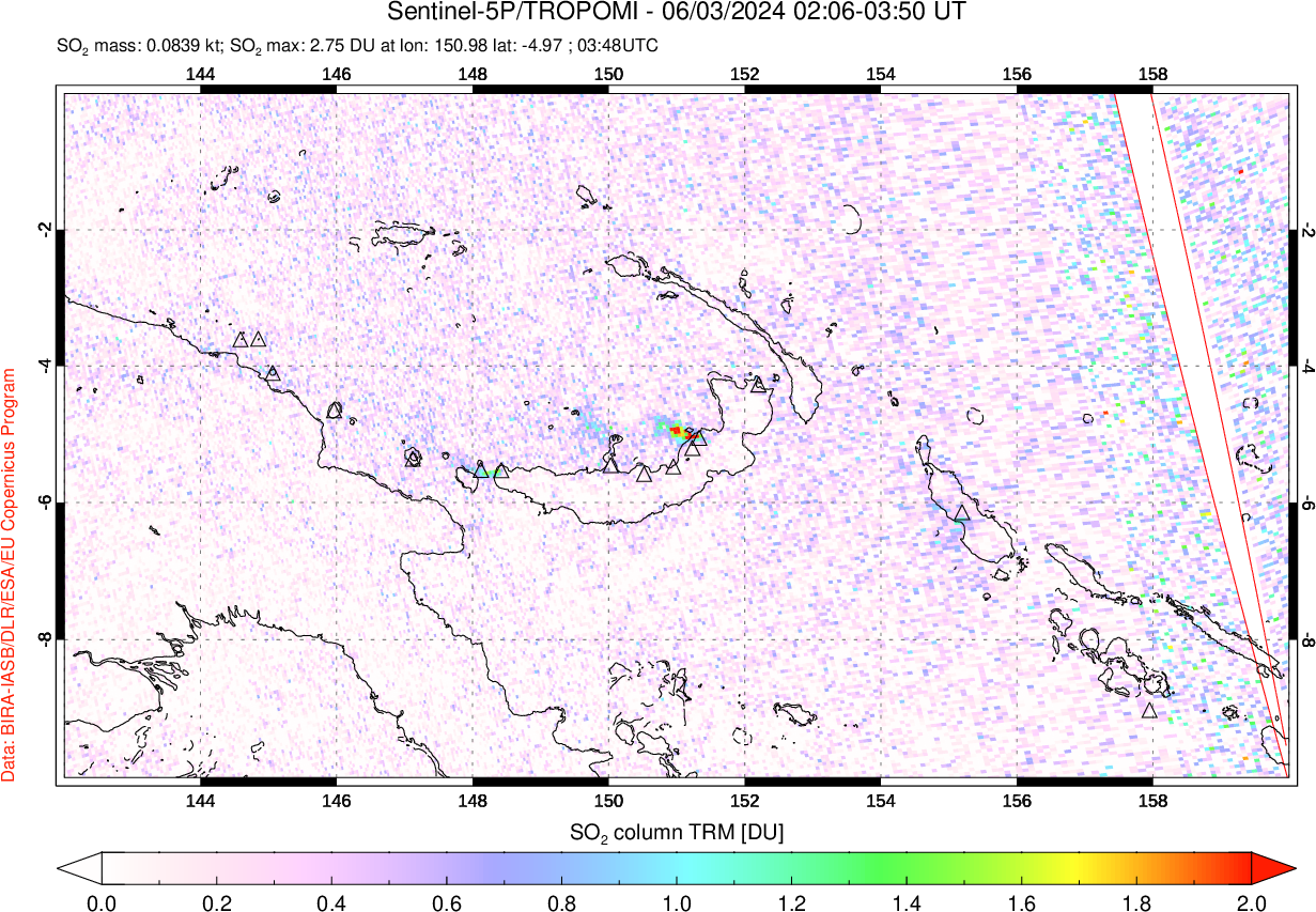 A sulfur dioxide image over Papua, New Guinea on Jun 03, 2024.