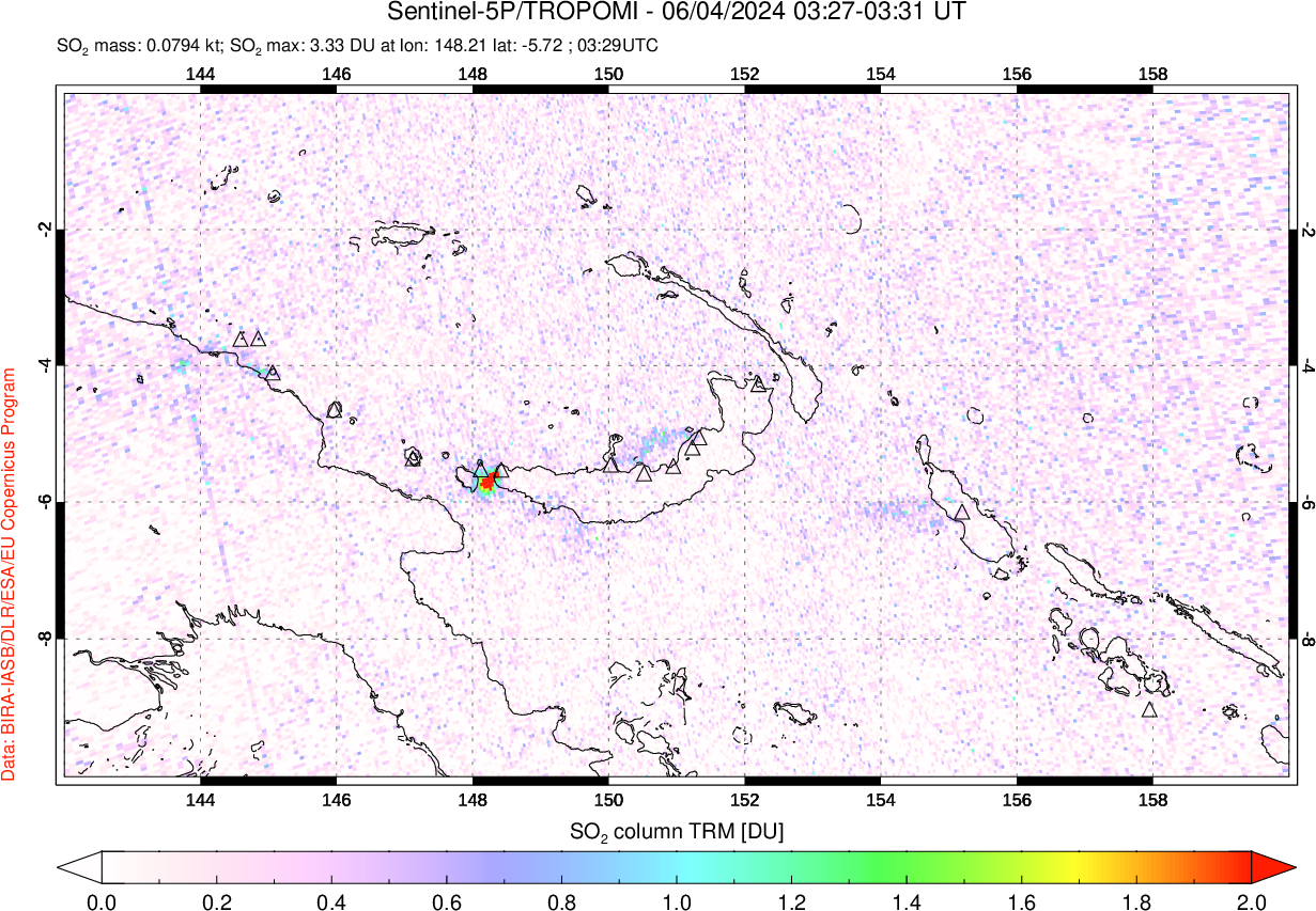 A sulfur dioxide image over Papua, New Guinea on Jun 04, 2024.