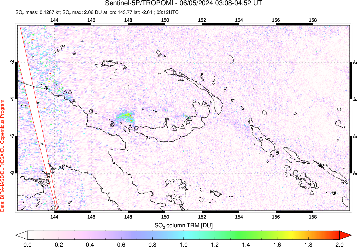 A sulfur dioxide image over Papua, New Guinea on Jun 05, 2024.