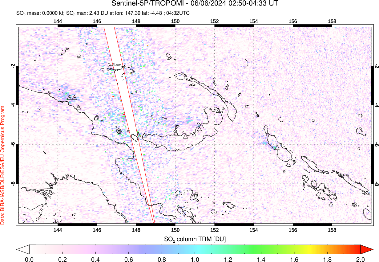 A sulfur dioxide image over Papua, New Guinea on Jun 06, 2024.