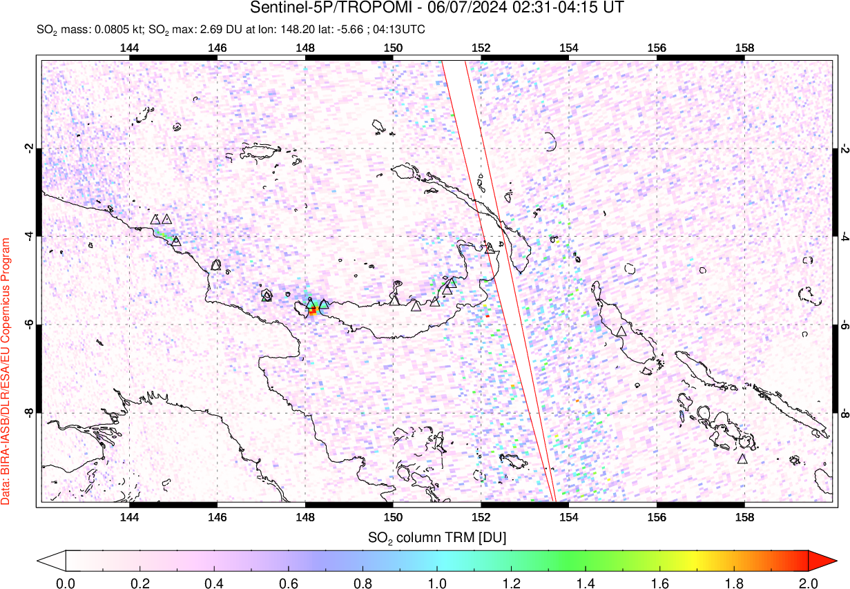 A sulfur dioxide image over Papua, New Guinea on Jun 07, 2024.