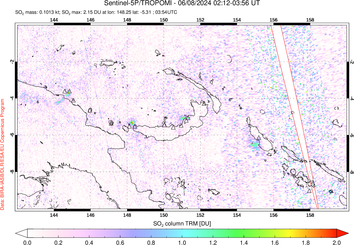 A sulfur dioxide image over Papua, New Guinea on Jun 08, 2024.