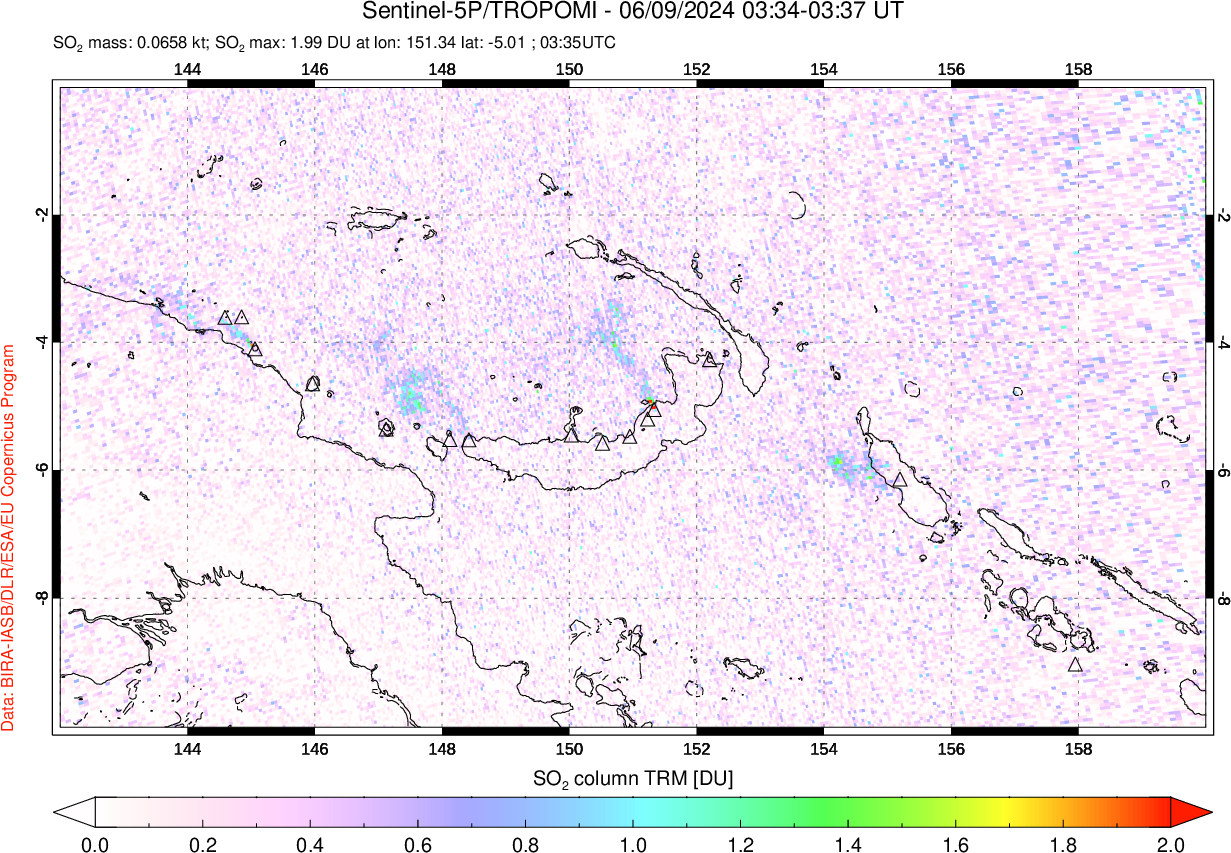 A sulfur dioxide image over Papua, New Guinea on Jun 09, 2024.