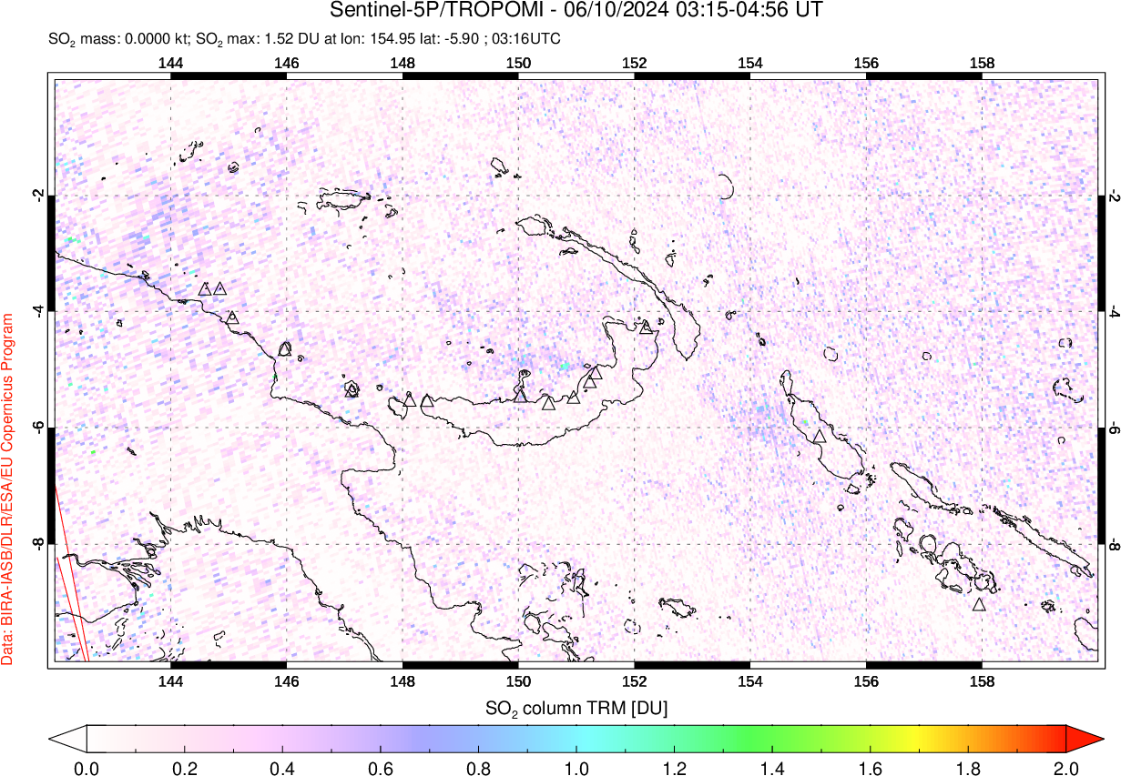 A sulfur dioxide image over Papua, New Guinea on Jun 10, 2024.