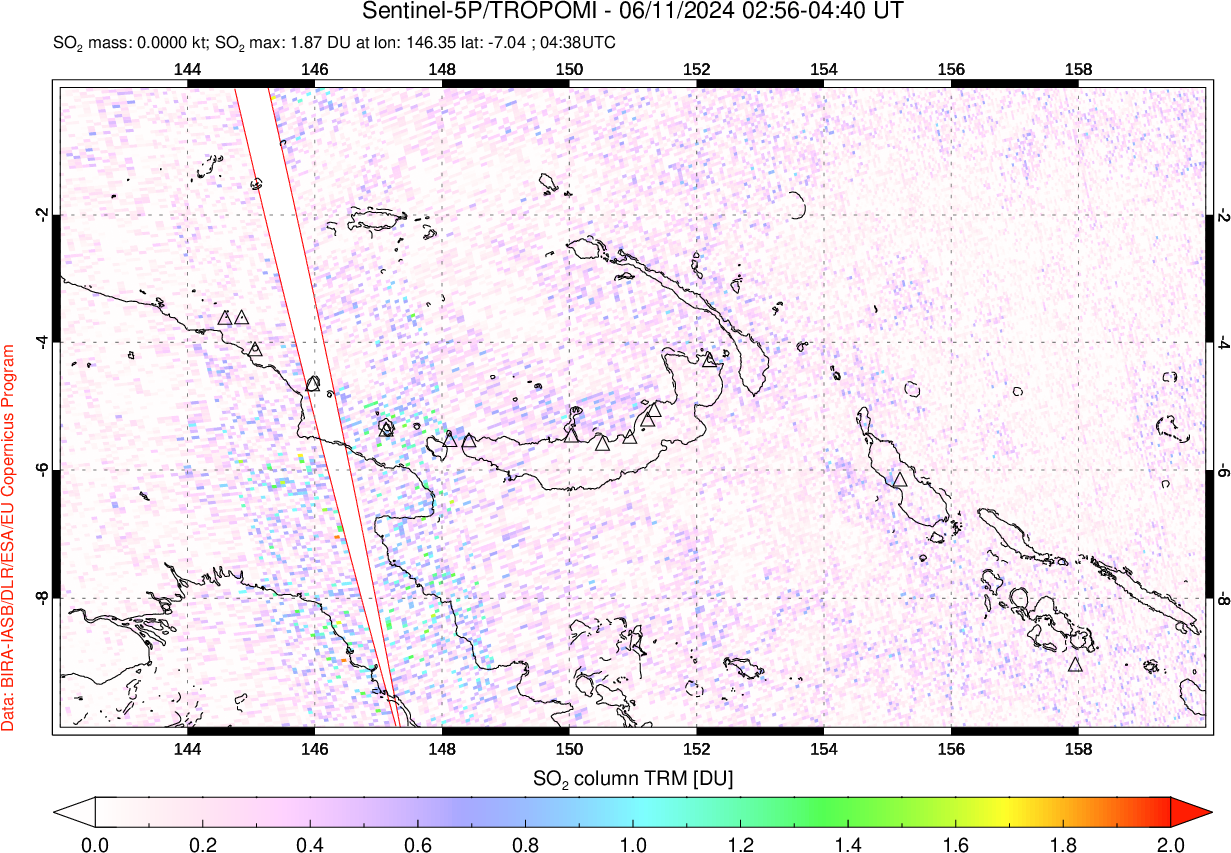 A sulfur dioxide image over Papua, New Guinea on Jun 11, 2024.