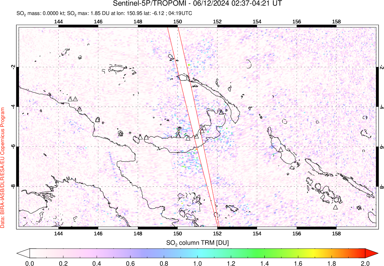 A sulfur dioxide image over Papua, New Guinea on Jun 12, 2024.