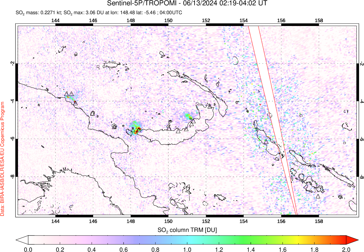 A sulfur dioxide image over Papua, New Guinea on Jun 13, 2024.