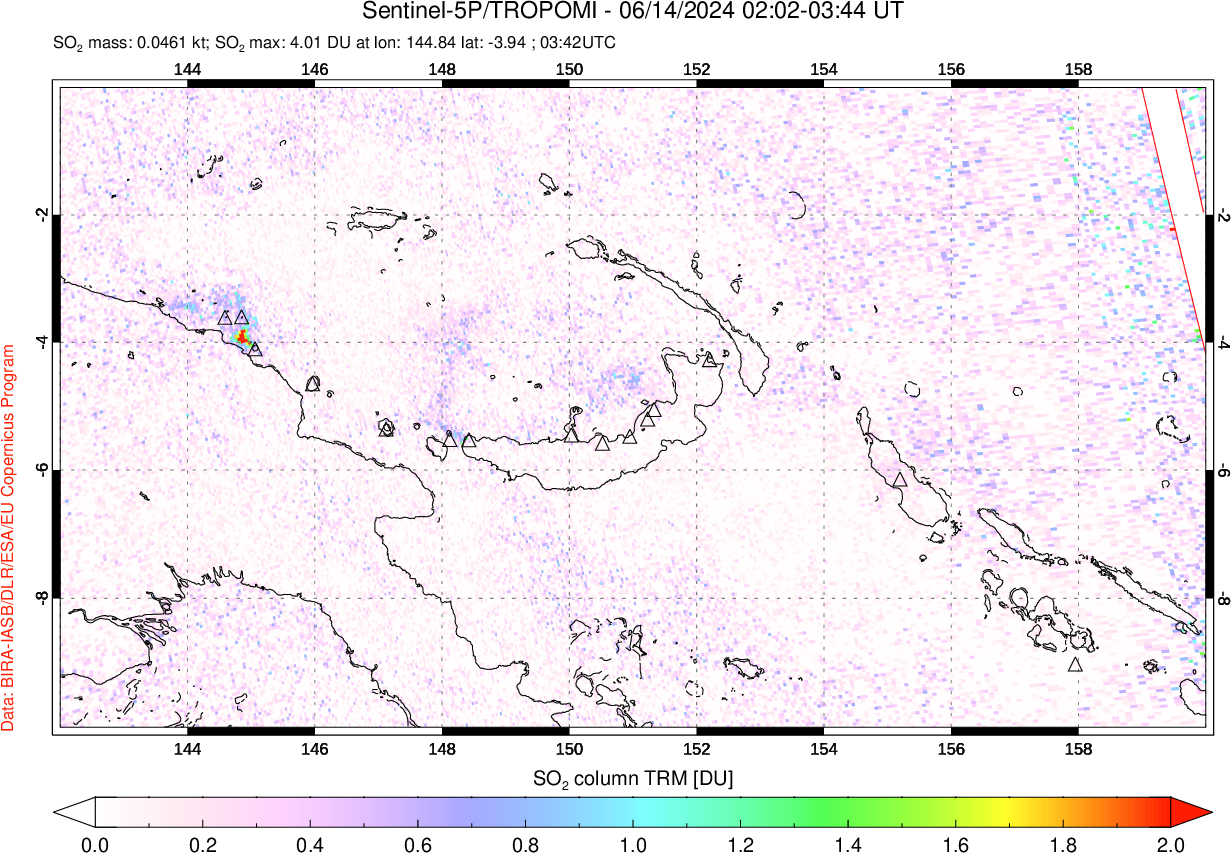 A sulfur dioxide image over Papua, New Guinea on Jun 14, 2024.